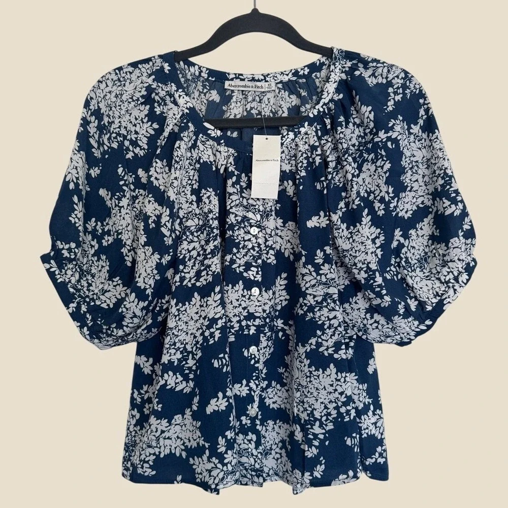 Abercrombie &‎ Fitch New XS Navy and White Floral Peasant Blouse Puff Sleeves